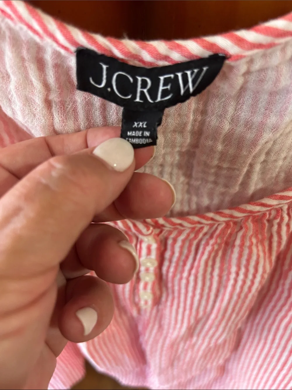 J. Crew Red and White Striped Short-Sleeve Button Henley Top